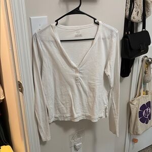 Aerie White Ribbed Tie Front Fitted Blouse